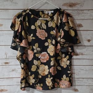 DR2 Black and Pink Floral Blouse with Ruffle Sleeves - Size Large